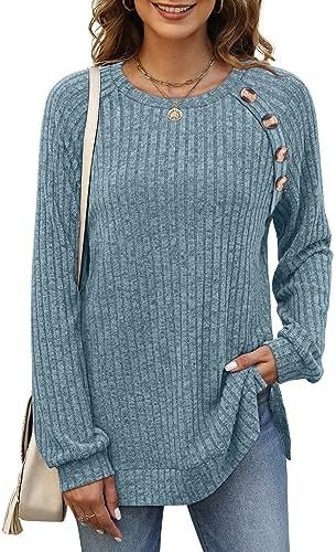 Bofell Long Sleeve Shirts for Women Lightweight Button Decor Tunic Tops Side Split
