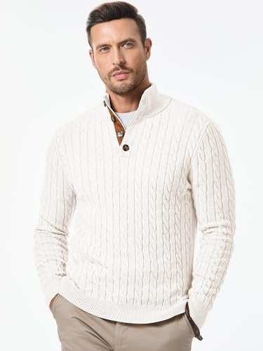 Men's Cable Knit Pullover Sweater Casual Long Sleeve Stand Collar Button Knitted Sweaters