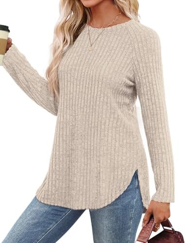 Long Sleeve Shirts for Women 2025 Fall Clothes Tunic Tops Loose Fit Dressy Crewneck Pullover Sweaters Curved Hem