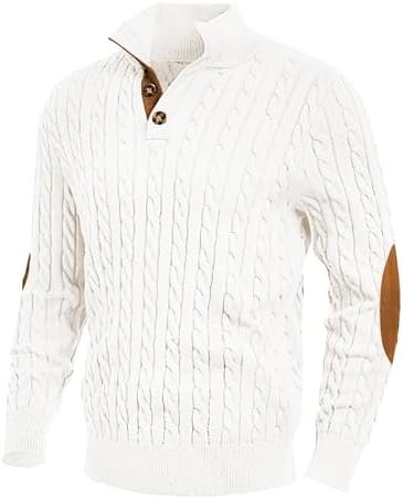 Men's cable knit pullover sweater with stand collar and button-up neck