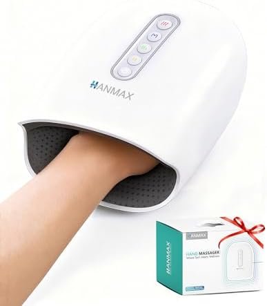 HANMAX cordless hand massager with heat and compression for fingers, palm, and wrist